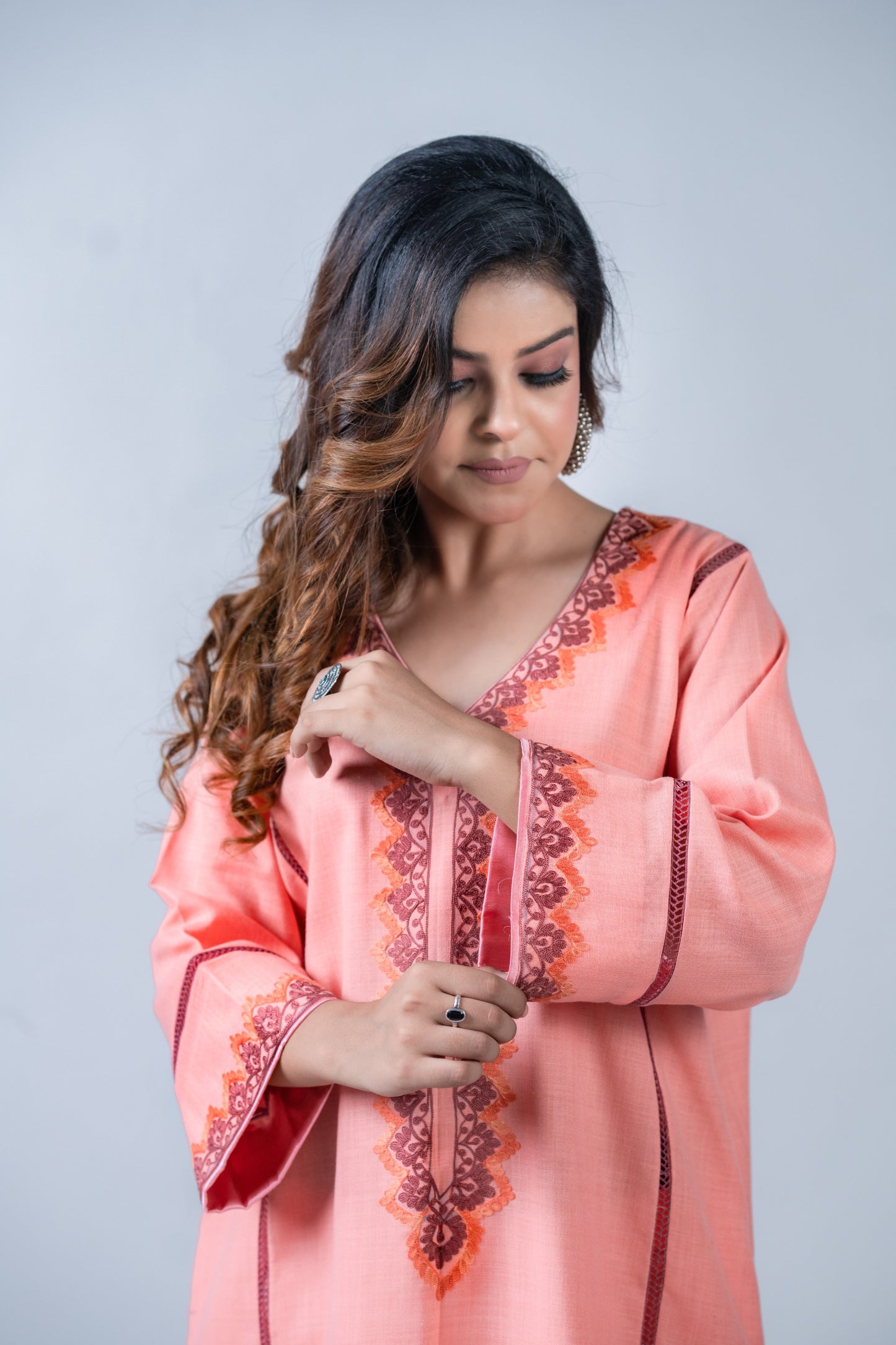 Peach Cotton Suit with White Aari Embroidery