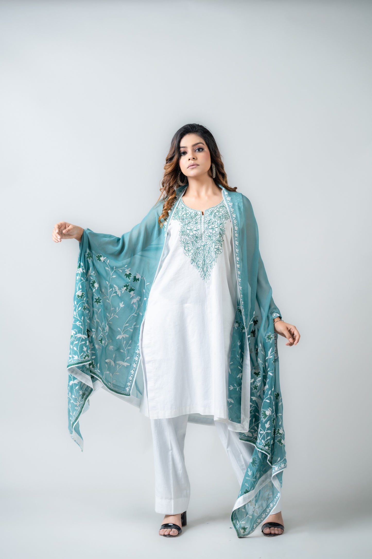 Teal Cape With mulmul Kurta Set