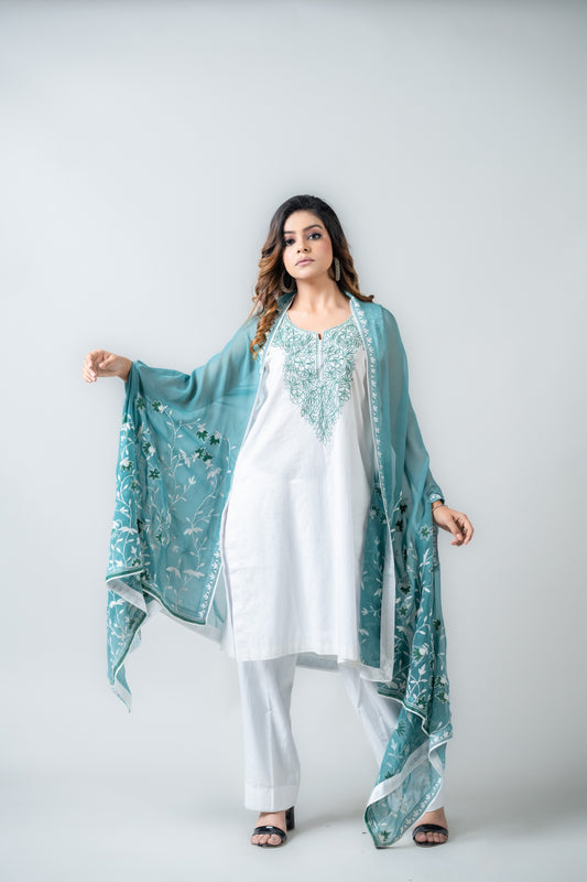 Teal Cape With mulmul Kurta Set