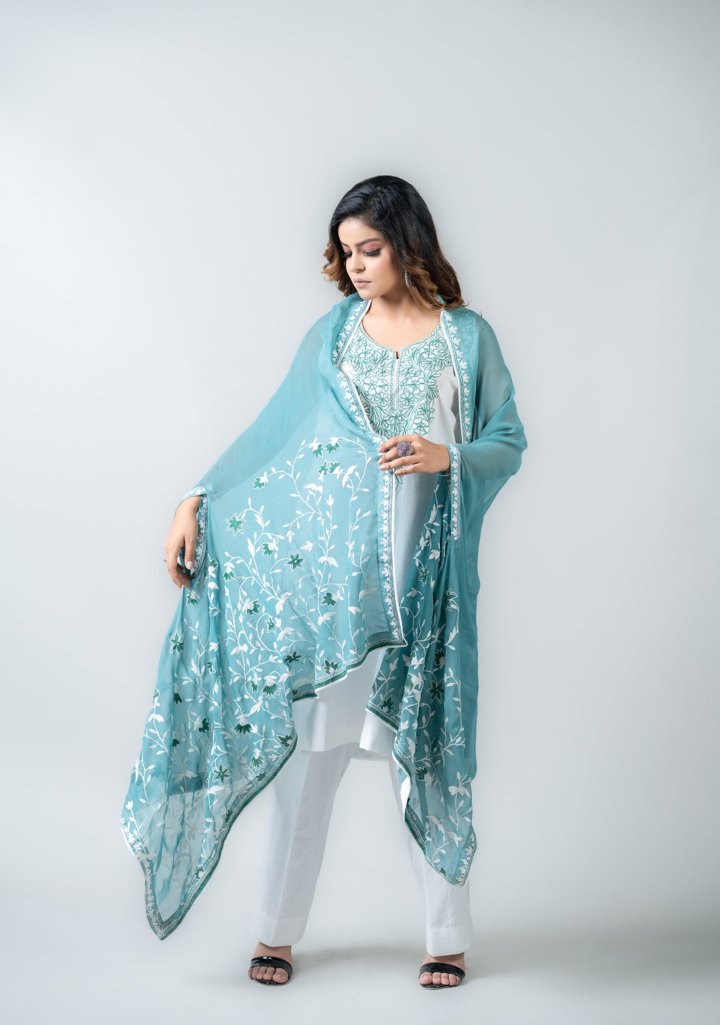 Teal Cape With mulmul Kurta Set