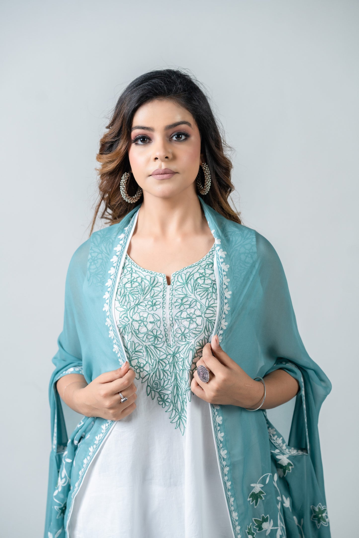 Teal Cape With mulmul Kurta Set