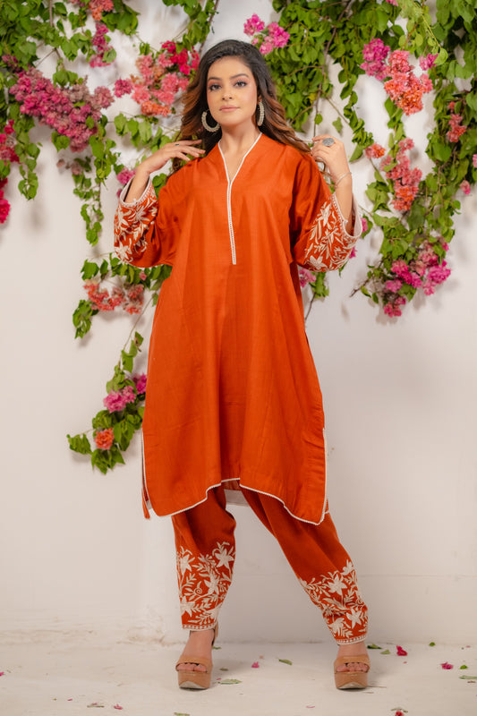 Rust Cotton Phiran Set With Aari Embroidery