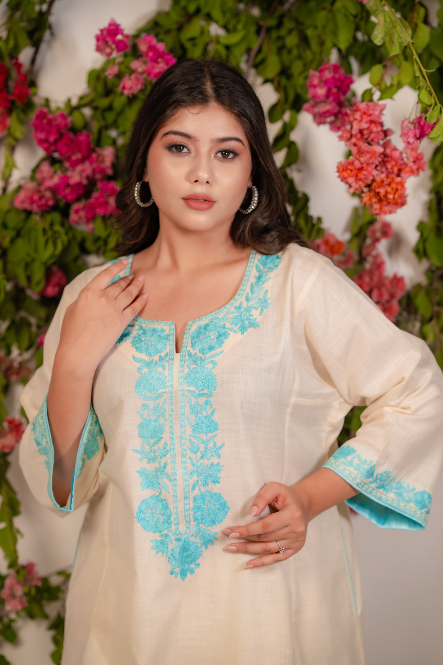 Off White Cotton Suit with Blue Aari Embroidery