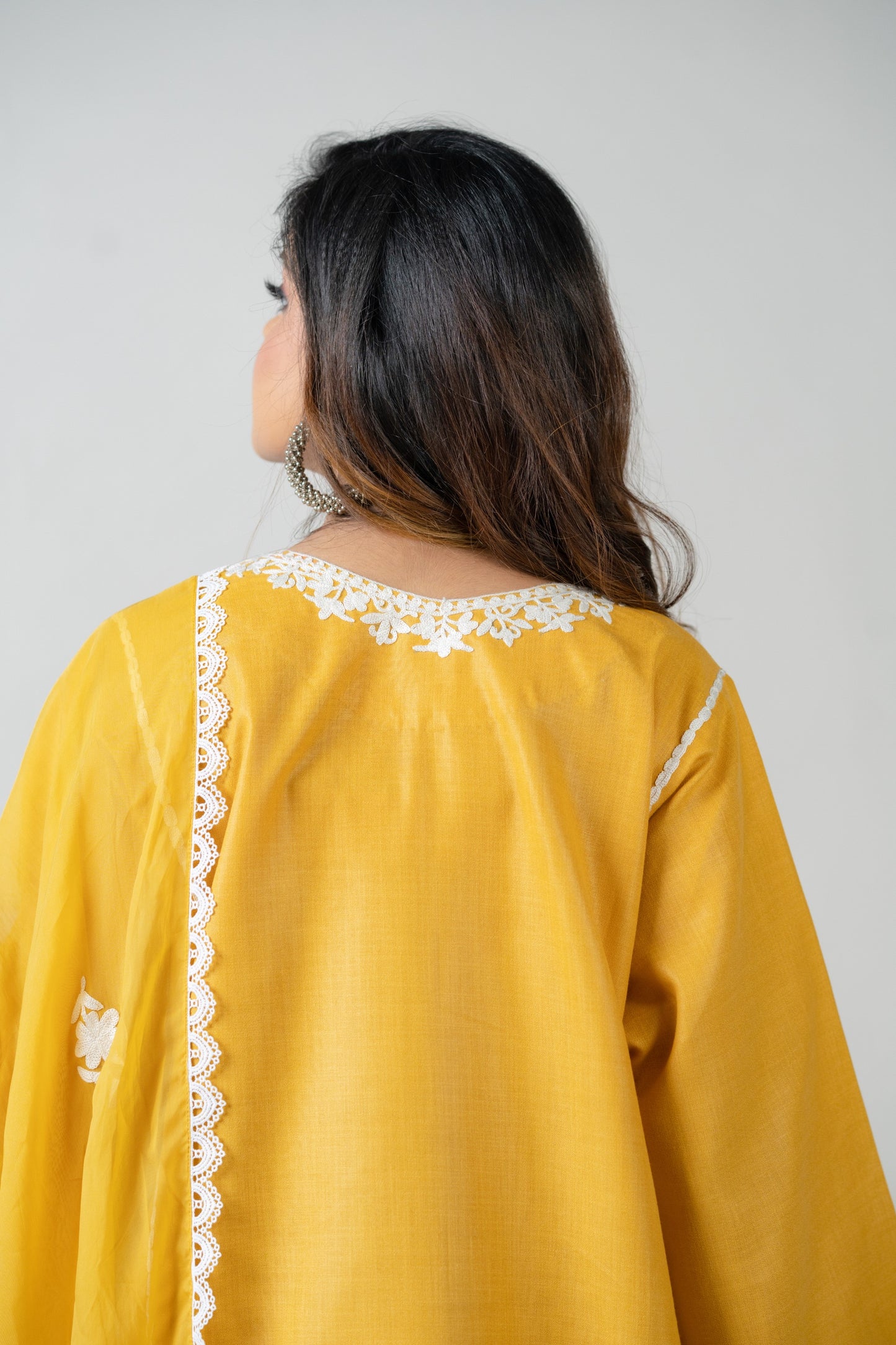 Mustard Cotton Suit with White Aari Embroidery