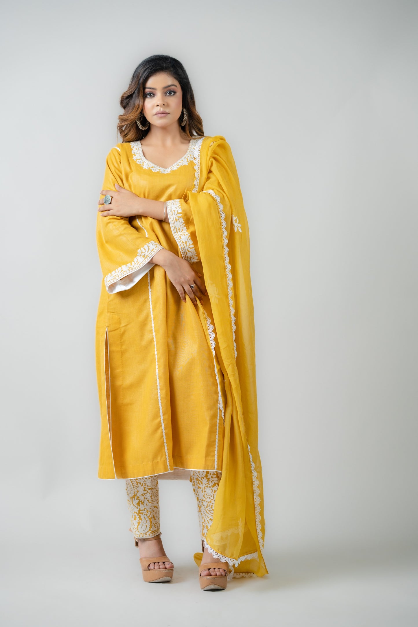 Mustard Cotton Suit with White Aari Embroidery