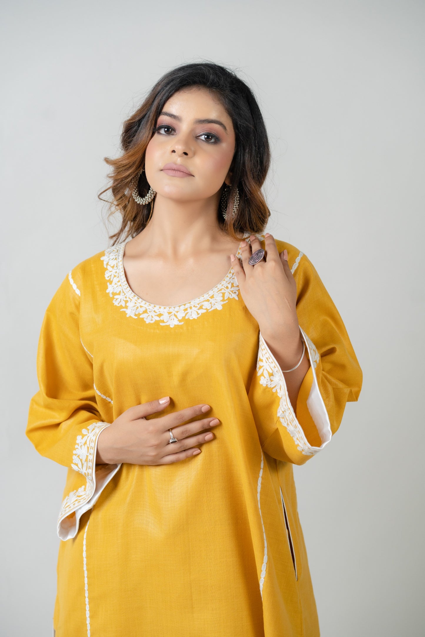 Mustard Cotton Suit with White Aari Embroidery