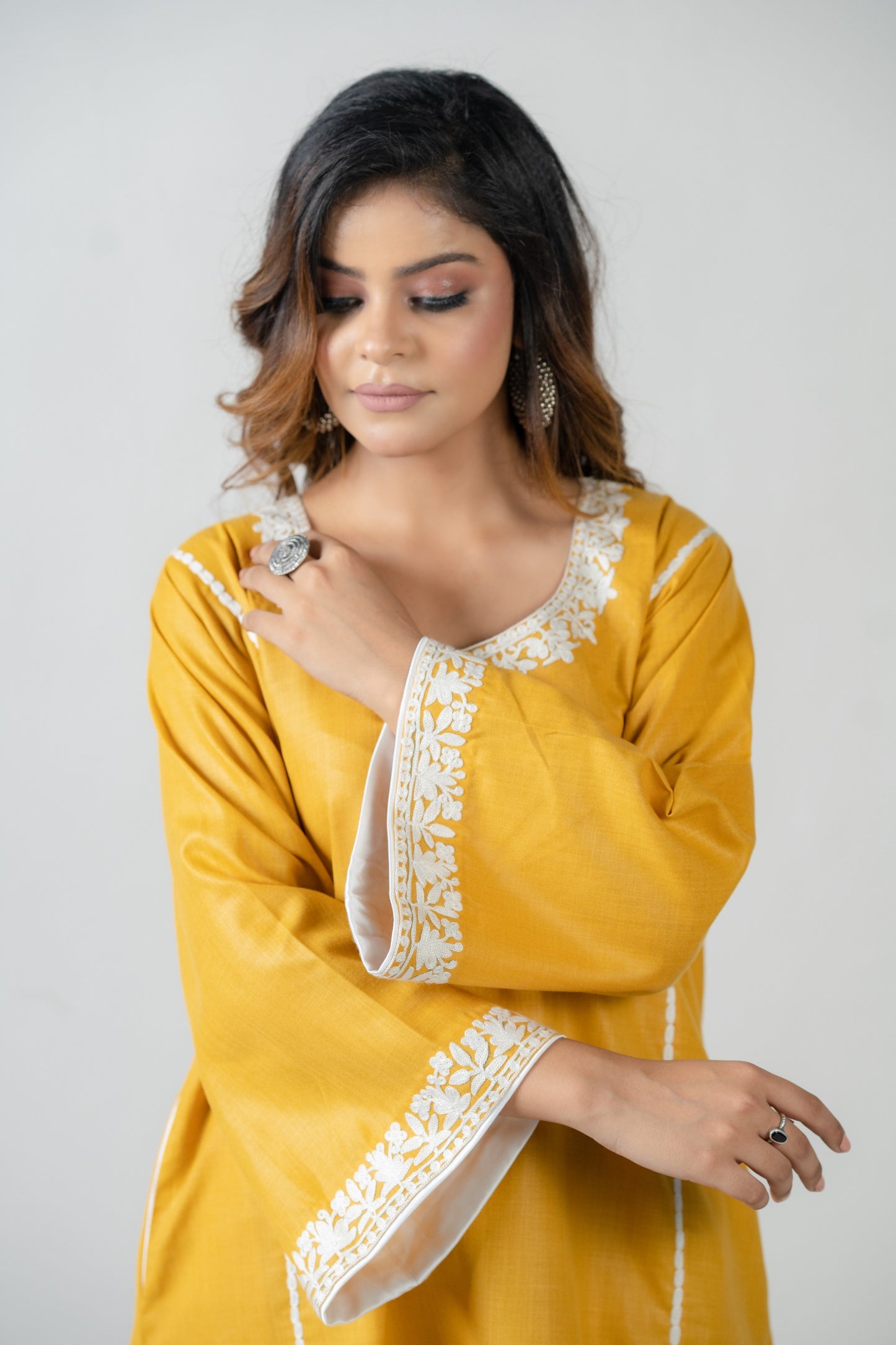 Mustard Cotton Suit with White Aari Embroidery
