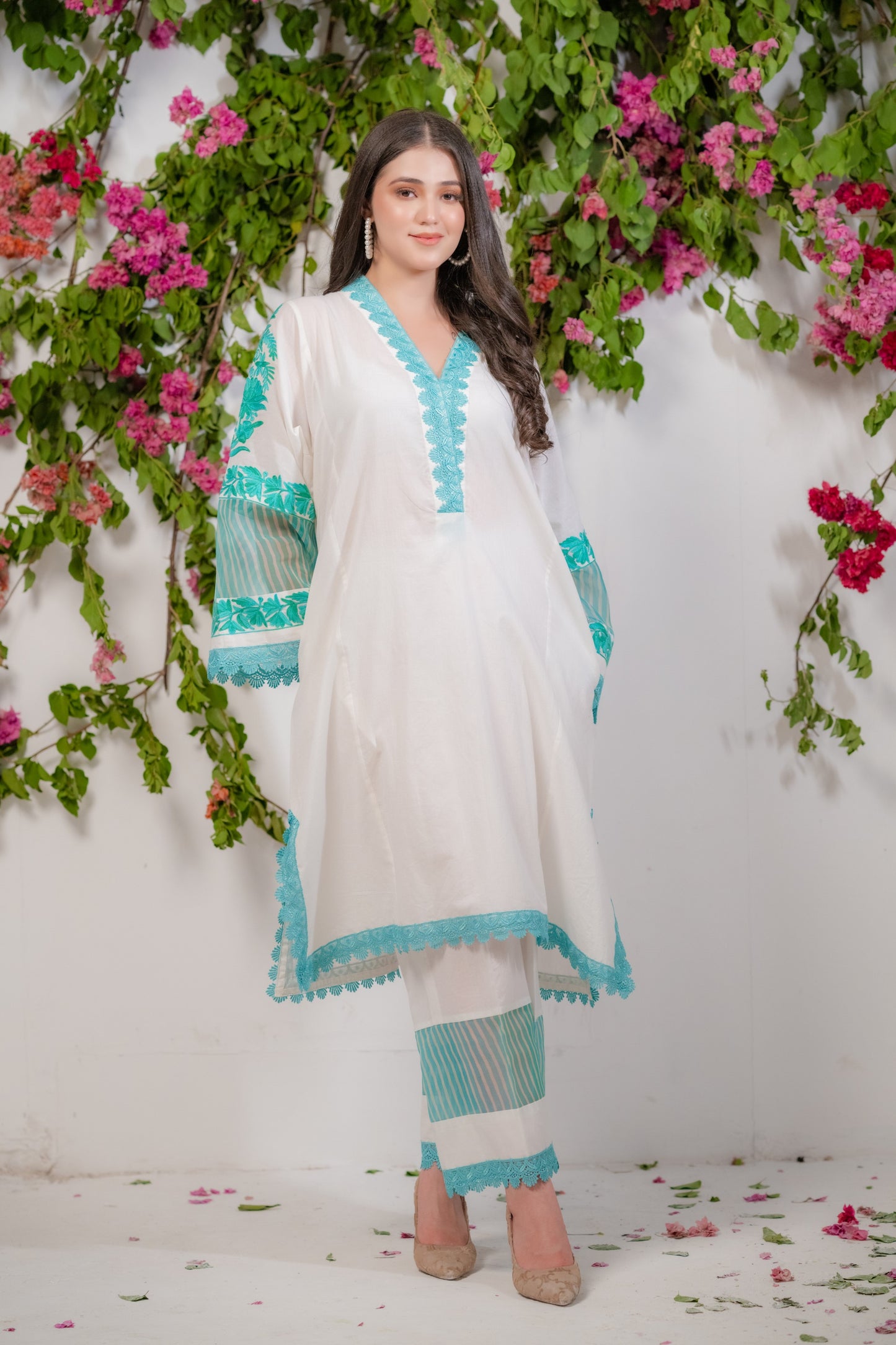 White mulmul suit with Teal dupatta