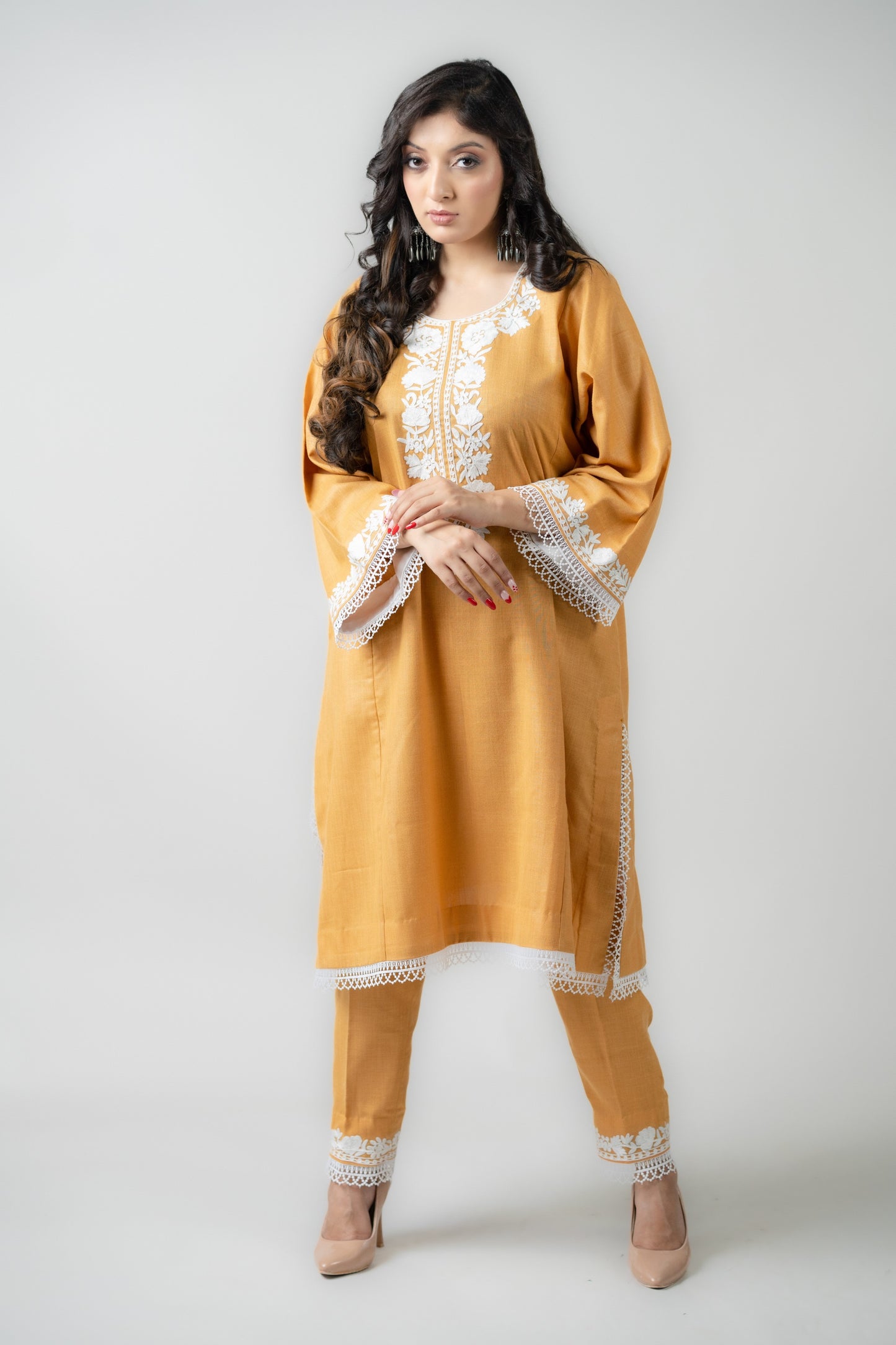 Yellow Cotton Suit with White Aari Embroidery