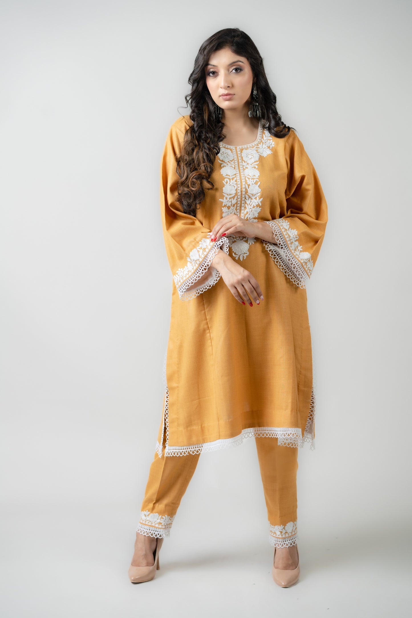 Yellow Cotton Suit with White Aari Embroidery