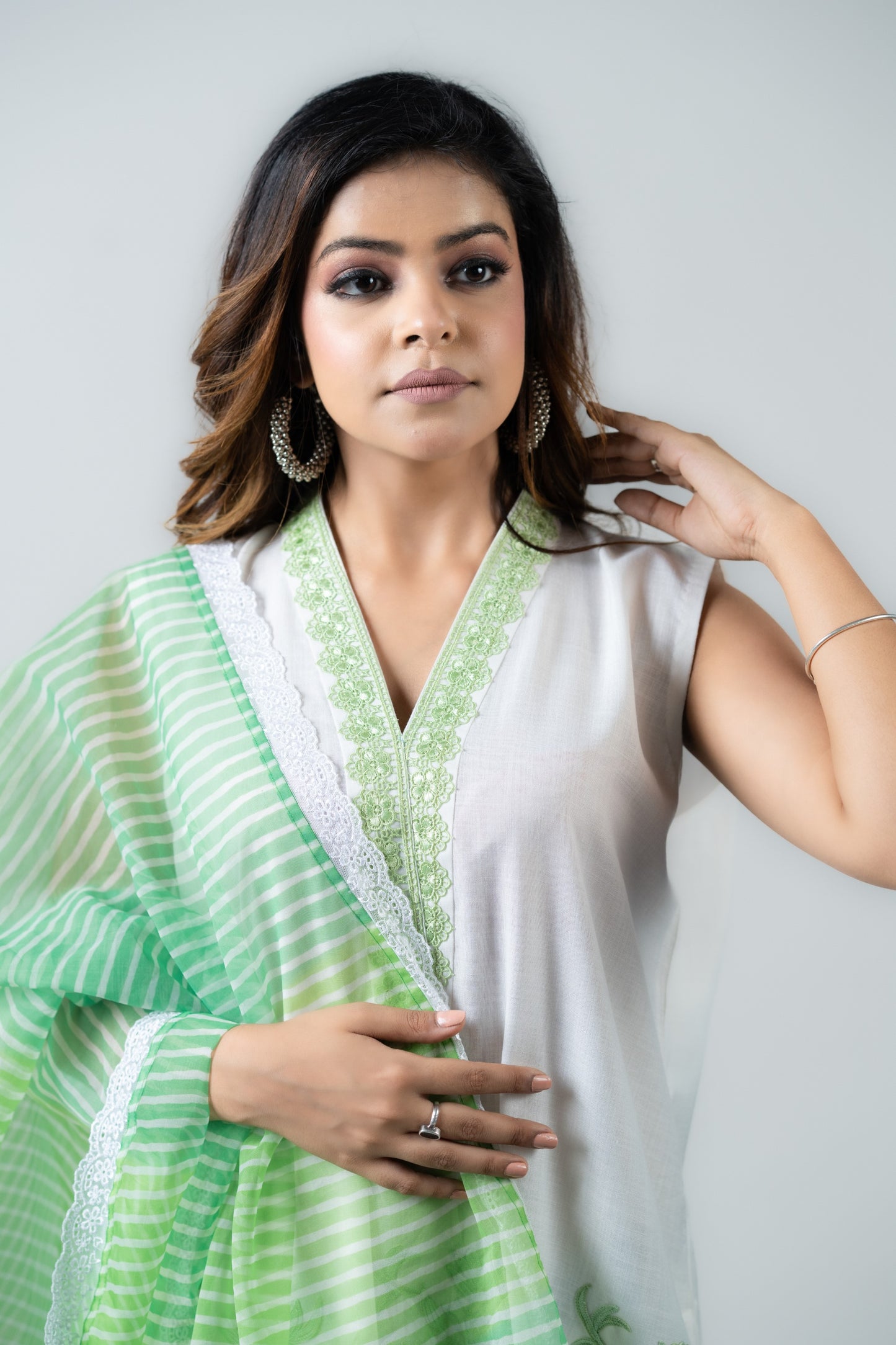 White Cotton Sleeveless Suit with Green Stripe Dupatta