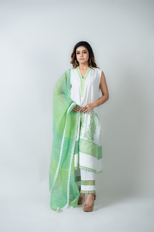 White Cotton Sleeveless Suit with Green Stripe Dupatta