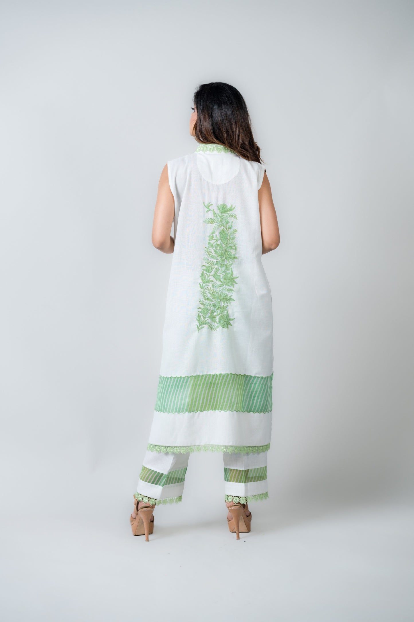 White Cotton Sleeveless Suit with Green Stripe Dupatta