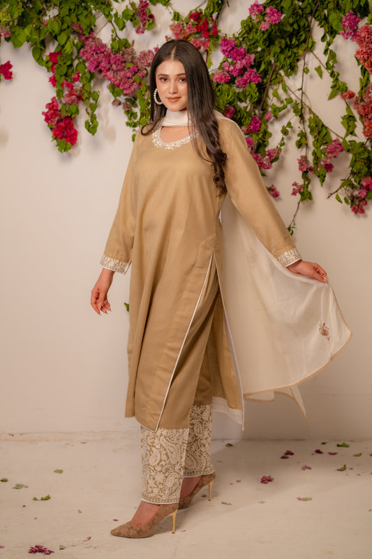 Beige Cotton Suit with White Aari Embroidery