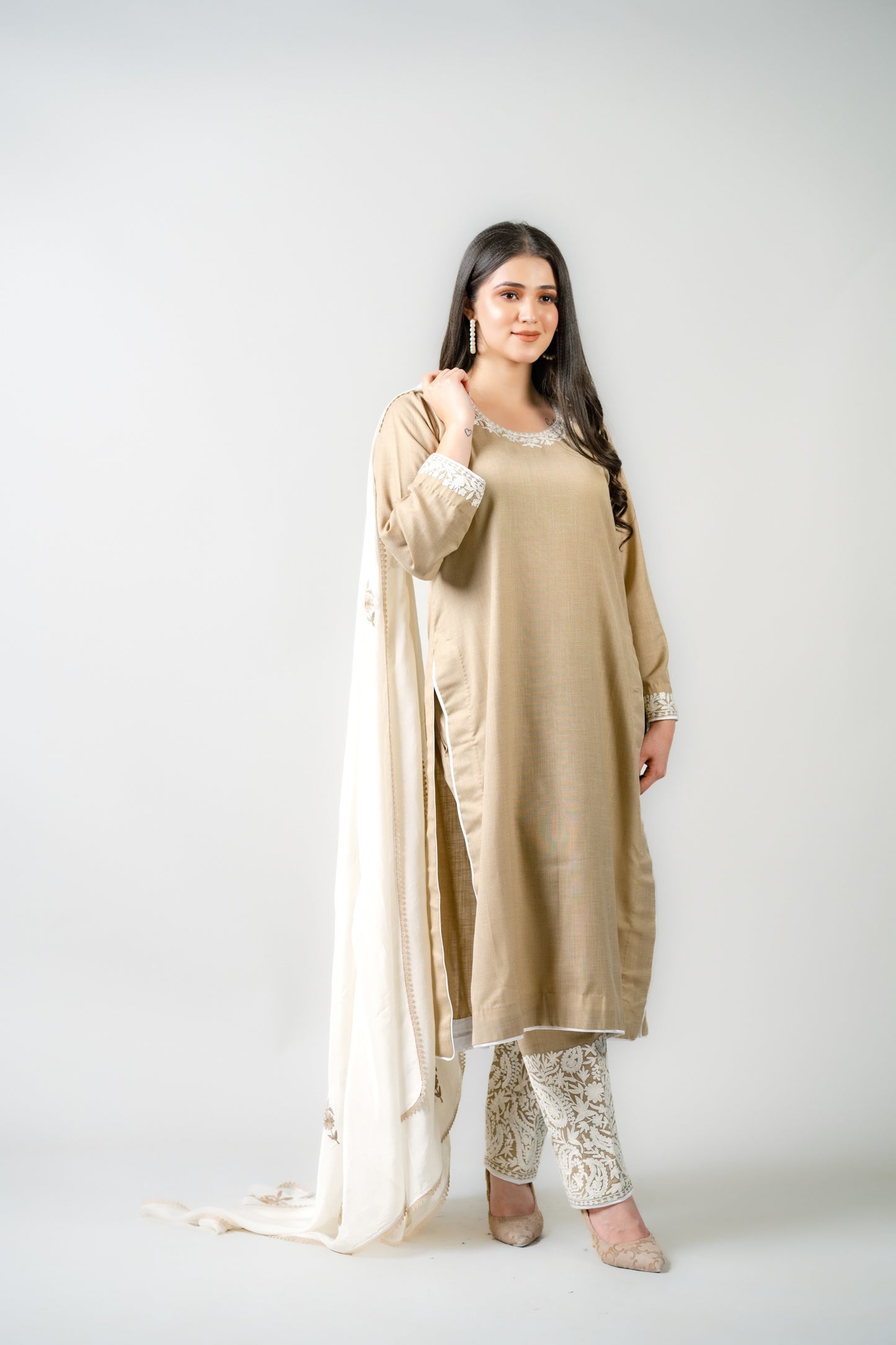 Beige Cotton Suit with White Aari Embroidery