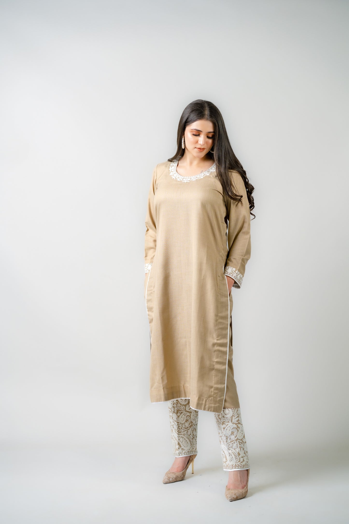 Beige Cotton Suit with White Aari Embroidery