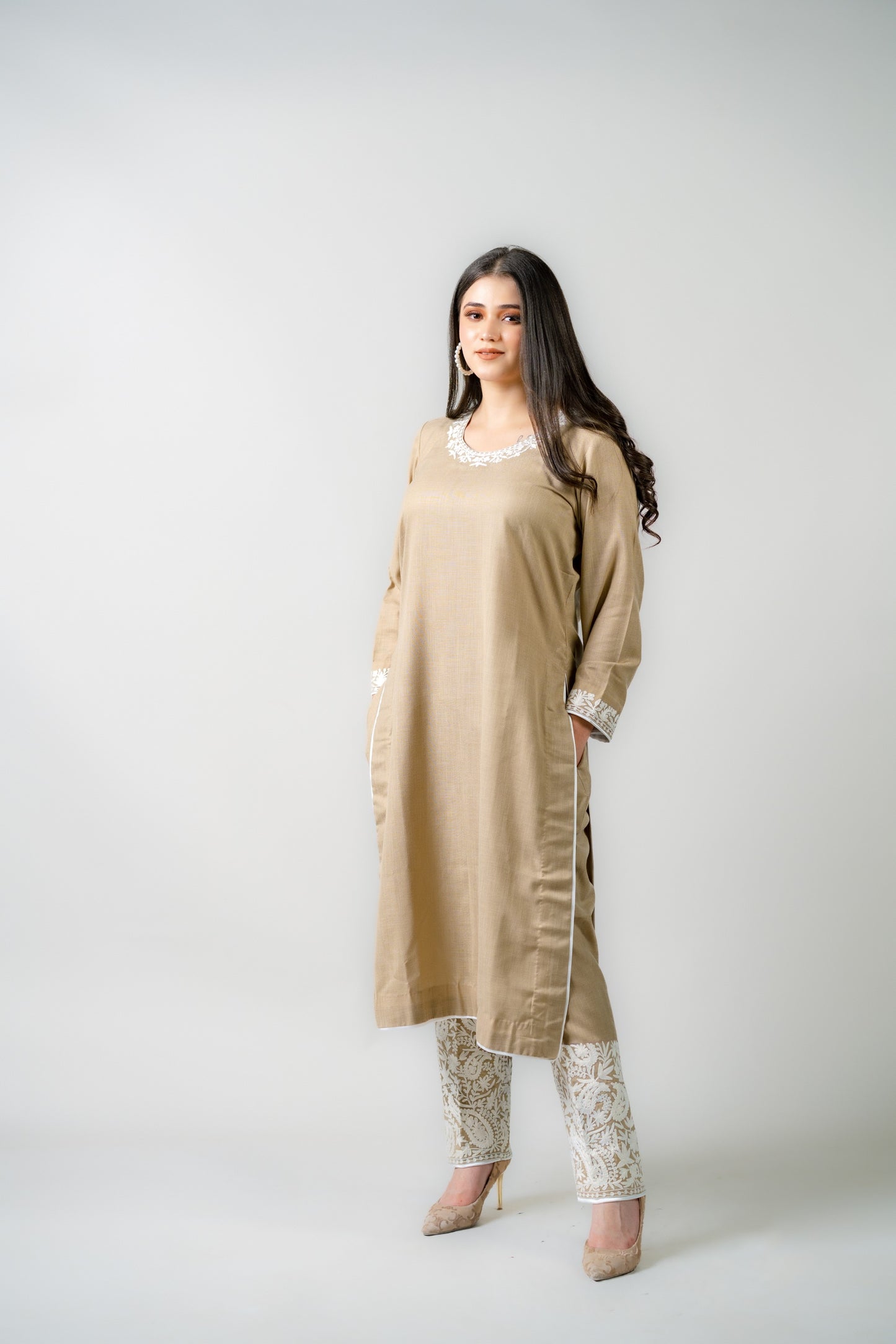 Beige Cotton Suit with White Aari Embroidery