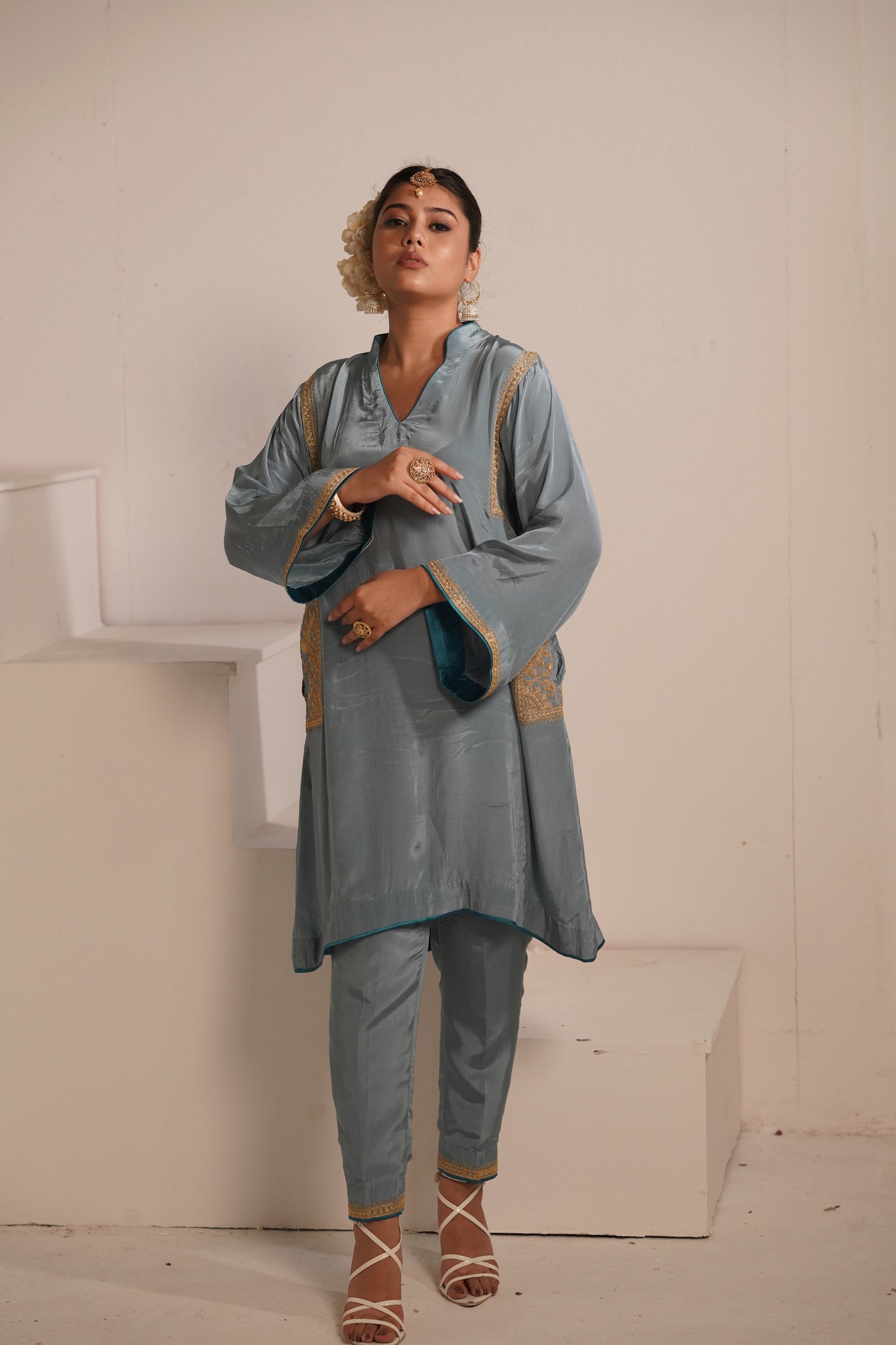 Blue Grey Crepe Tilla Set