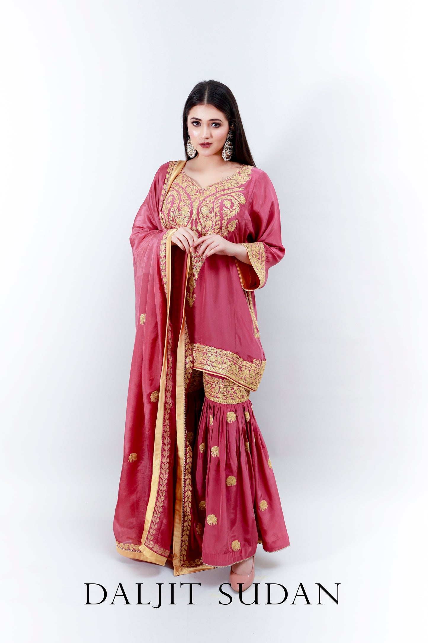 Peony Pink Crepe Gharara Tilla Suit