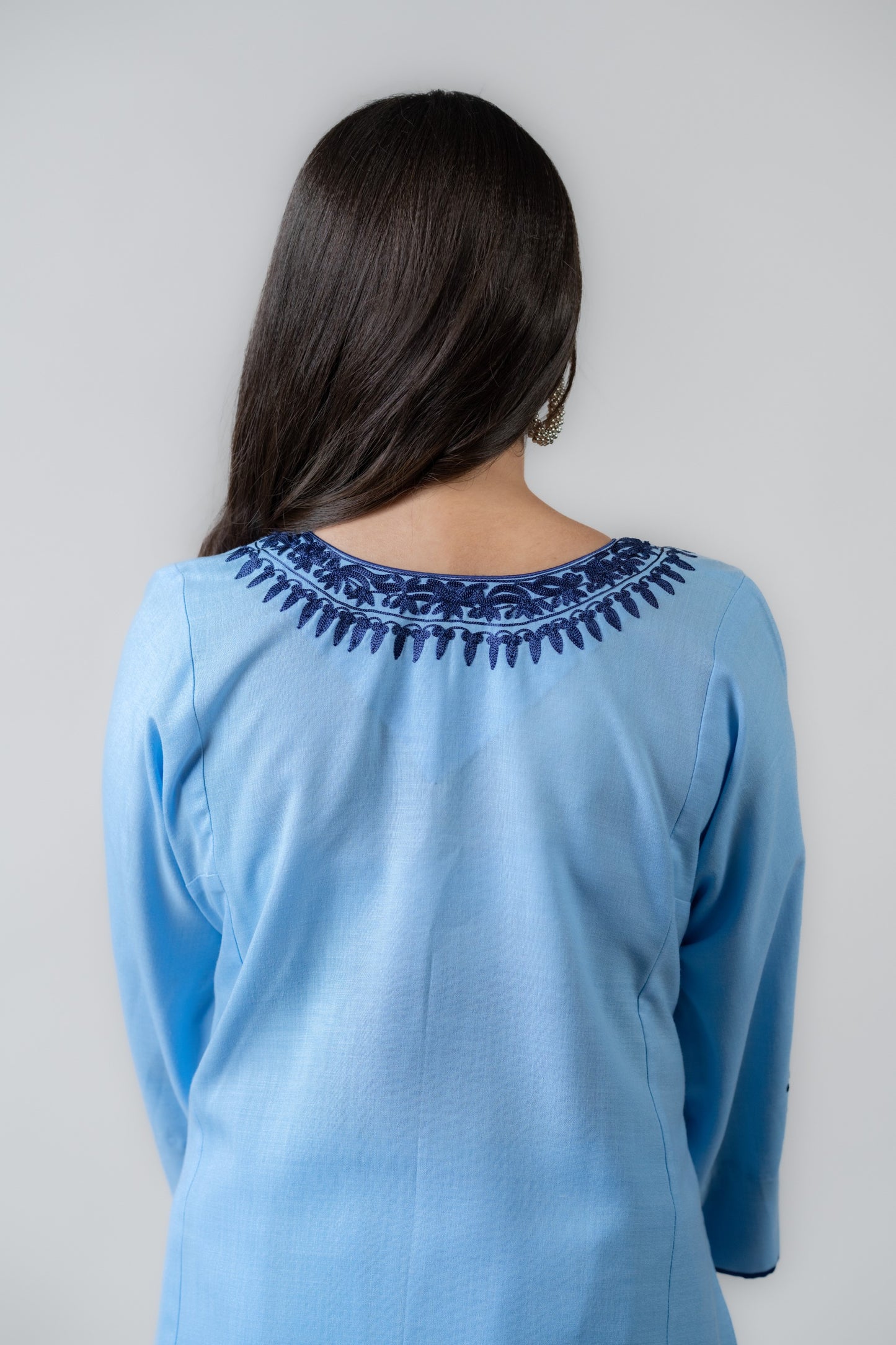 Light Blue Cotton Suit with Navy Blue Aari Embroidery