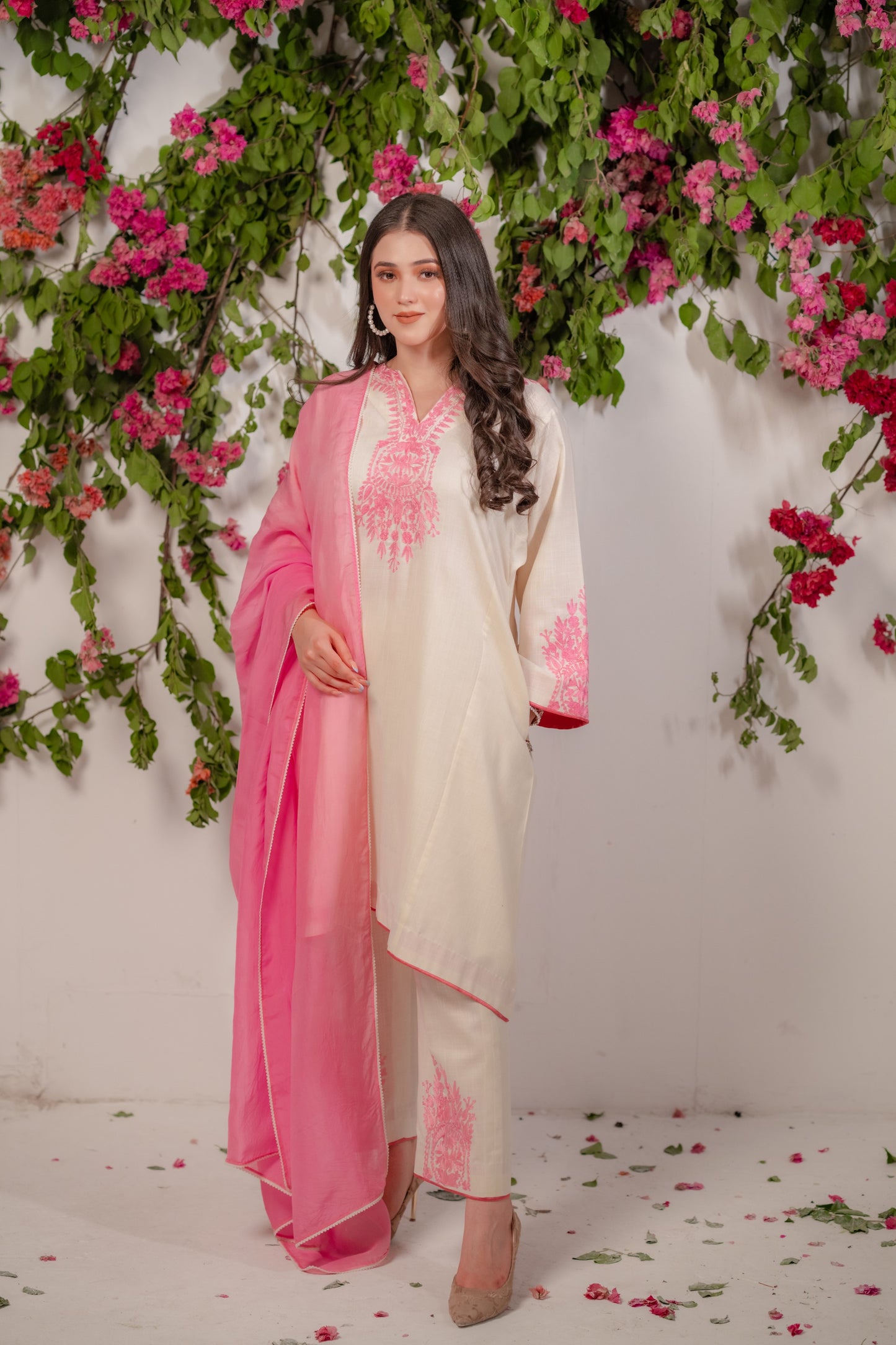 Off White Cotton Phiran Suit with Pink Aari Embroidery