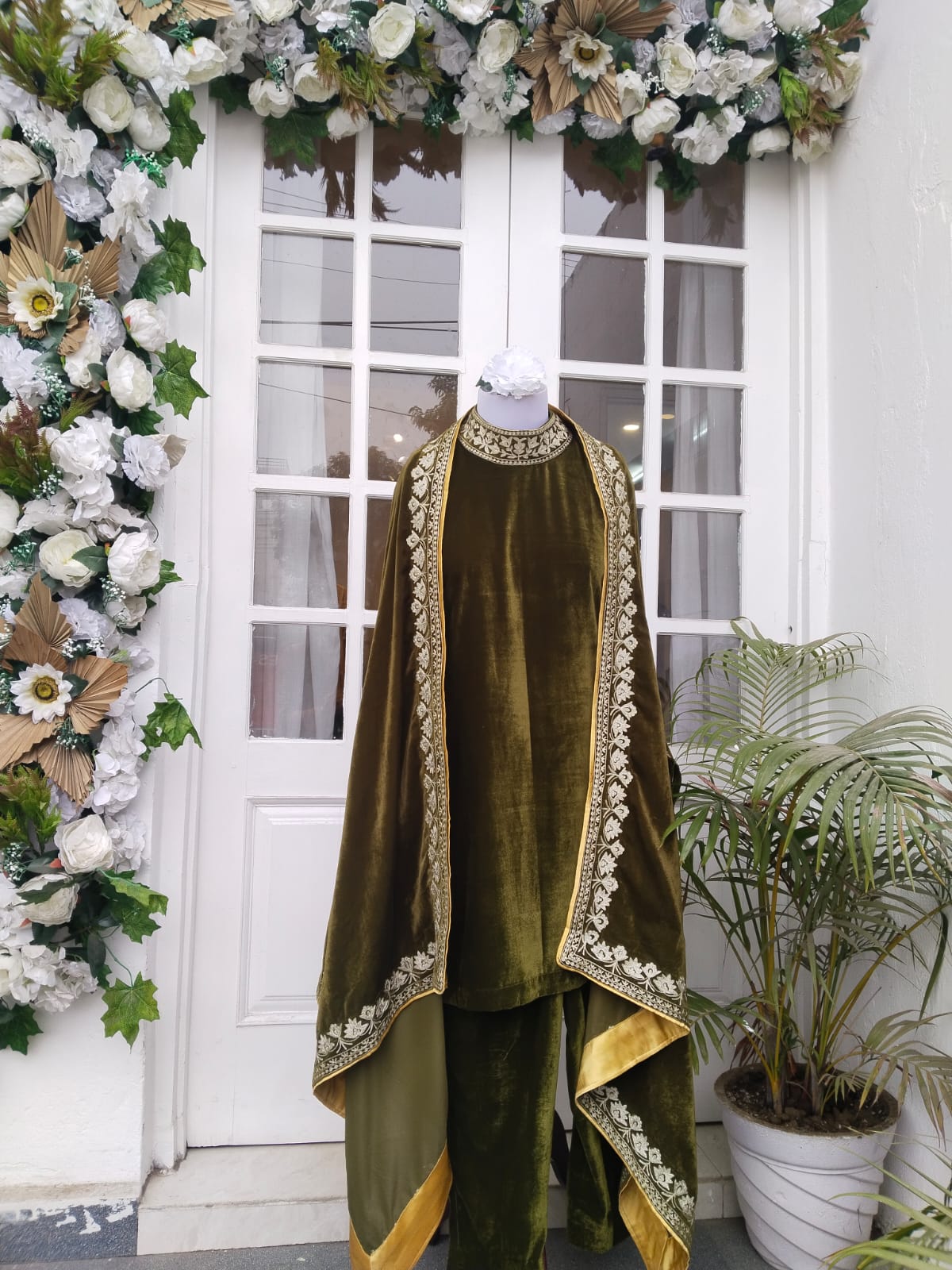 Olive Green Velvet Cape Set