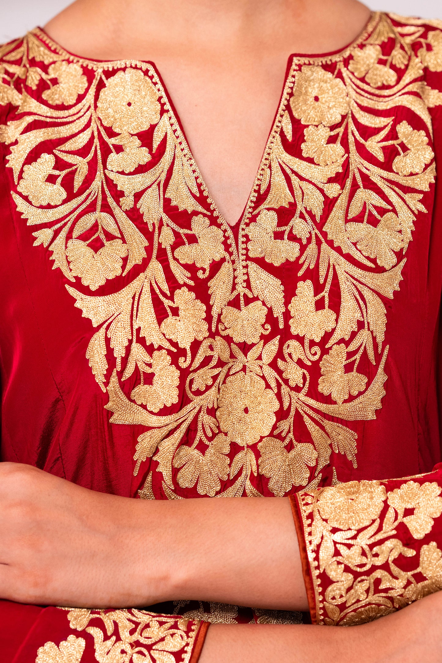 Red Rust Crepe Aari Anarkali Suit