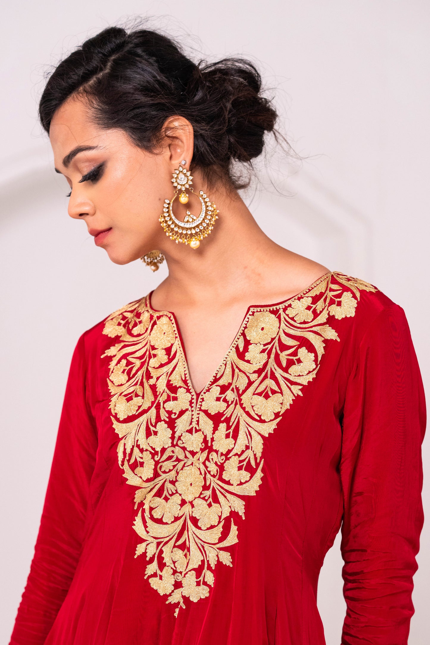 Red Rust Crepe Aari Anarkali Suit