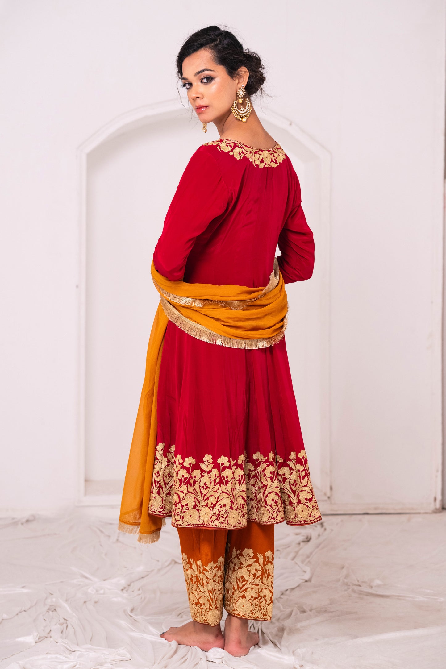 Red Rust Crepe Aari Anarkali Suit