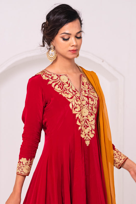 Red Rust Crepe Aari Anarkali Suit