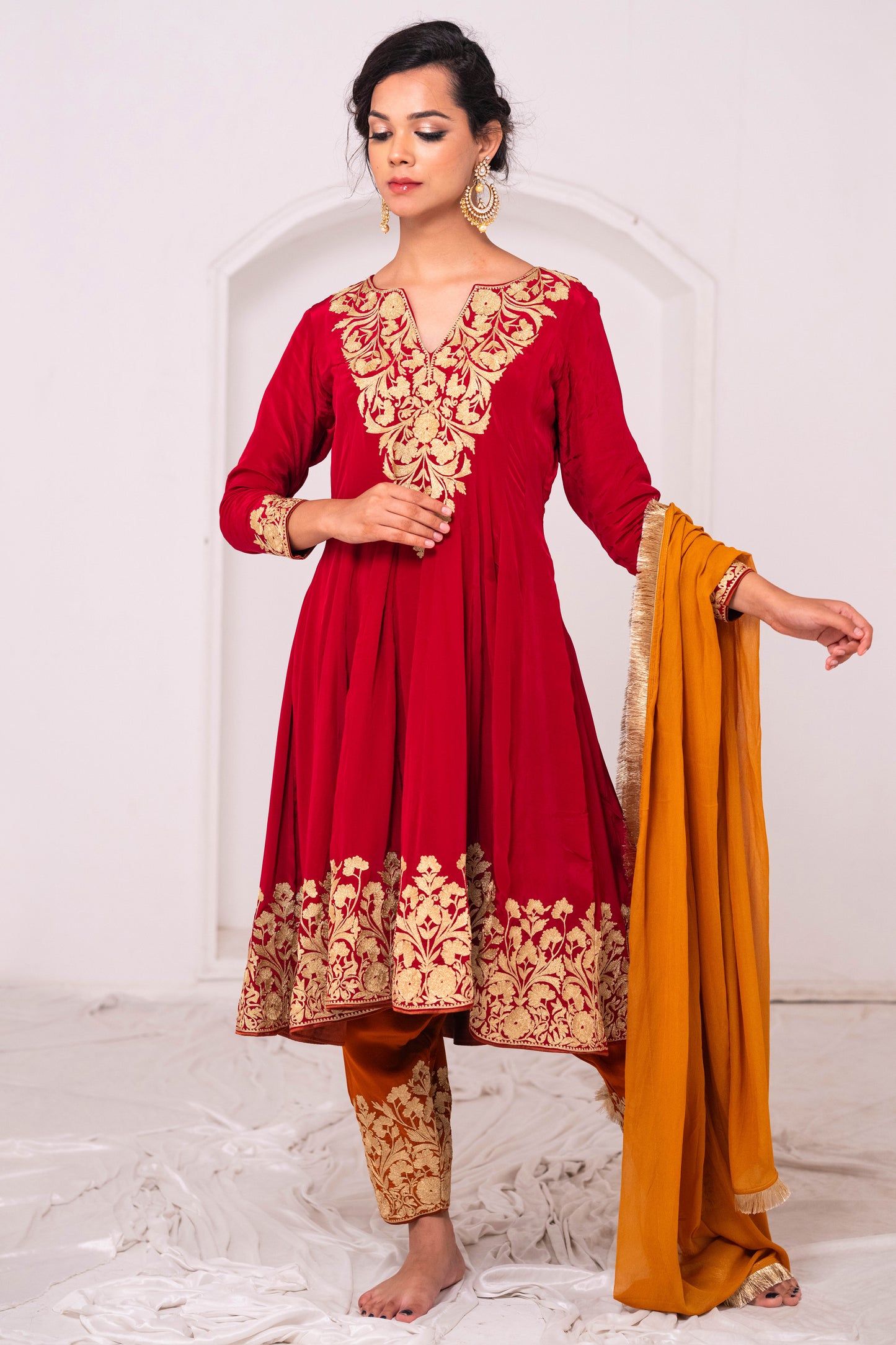Red Rust Crepe Aari Anarkali Suit