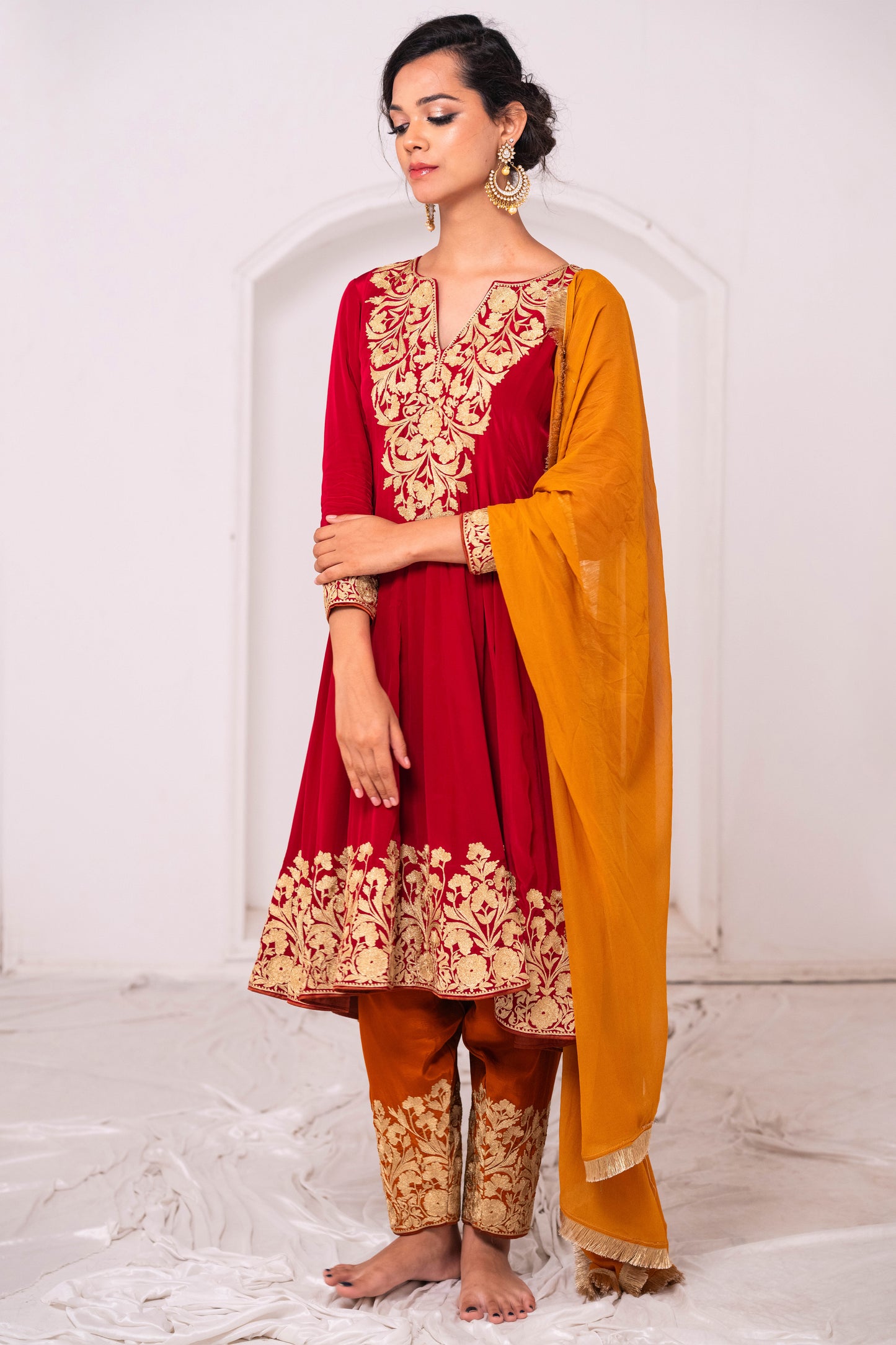 Red Rust Crepe Aari Anarkali Suit