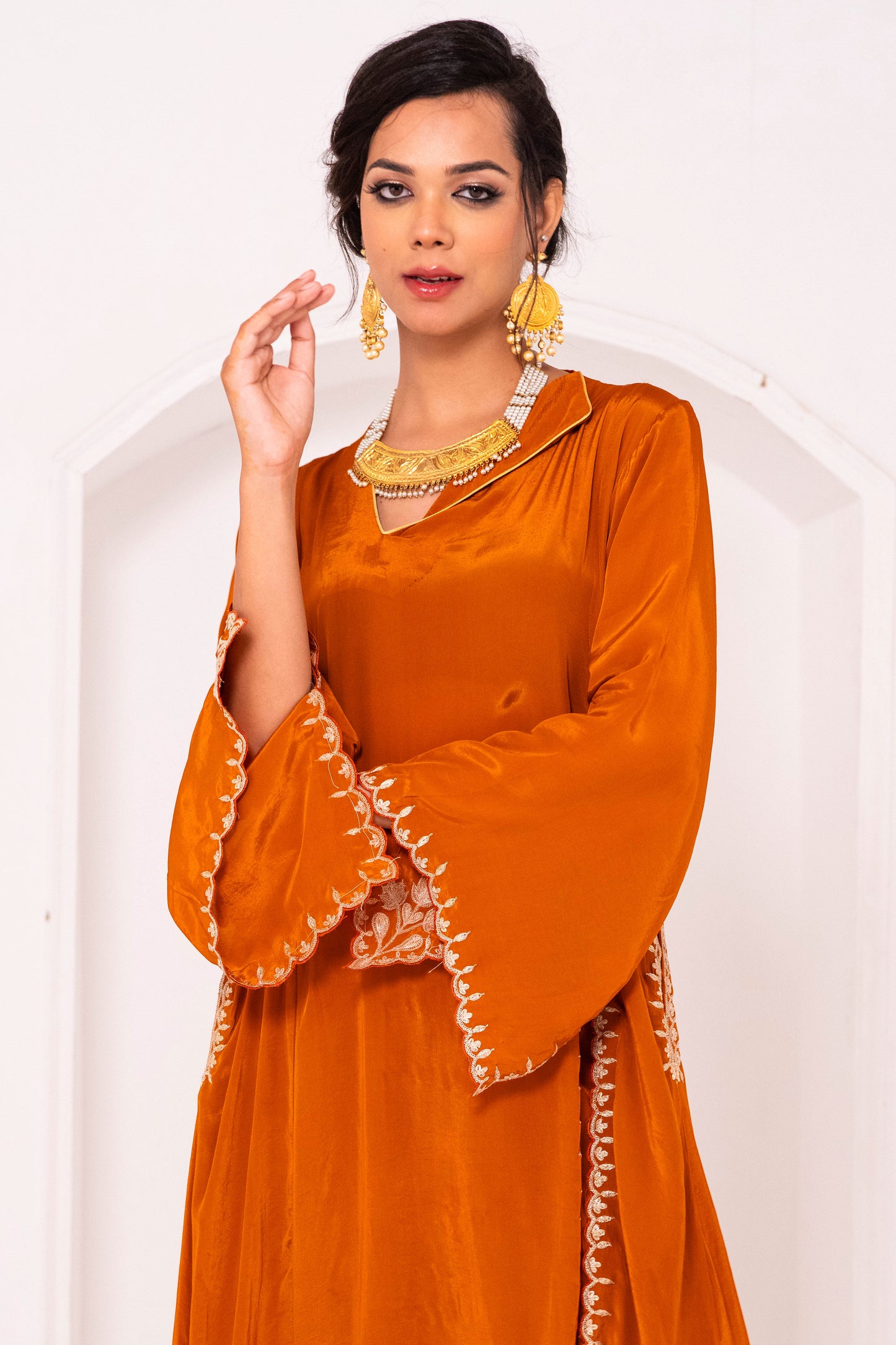 Rust Crepe Tilla Phiran Set