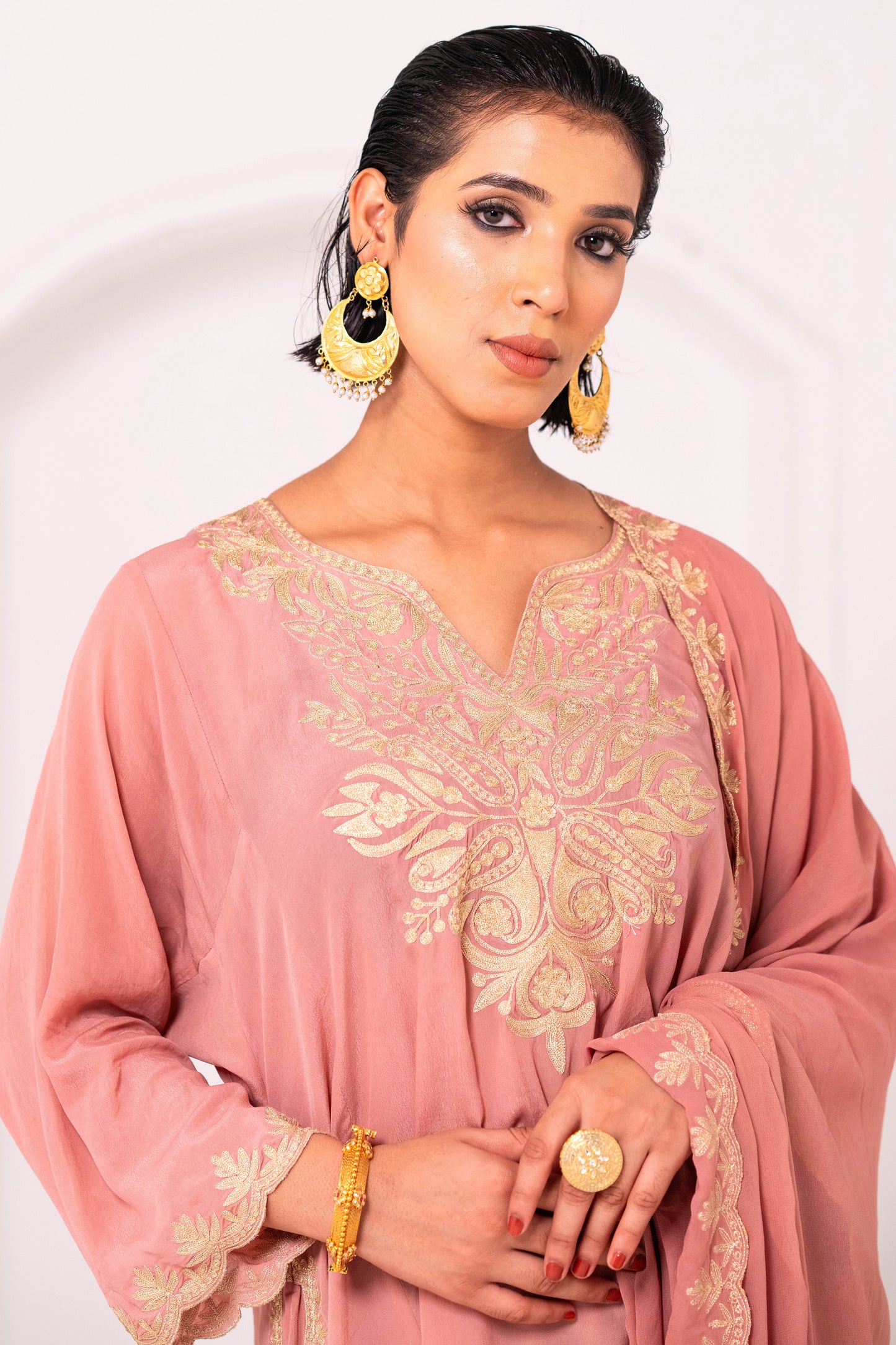 Pink Crepe Aari Phiran Suit