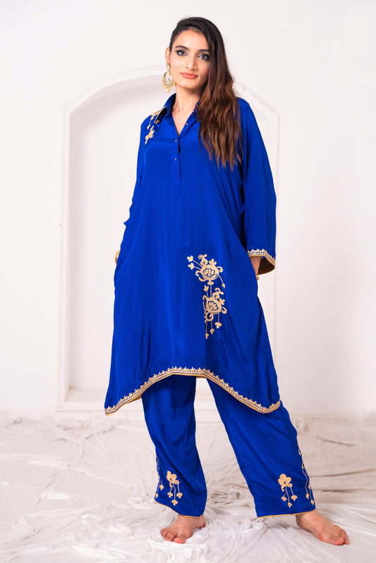 Royal Blue Crepe Aari Phiran Set