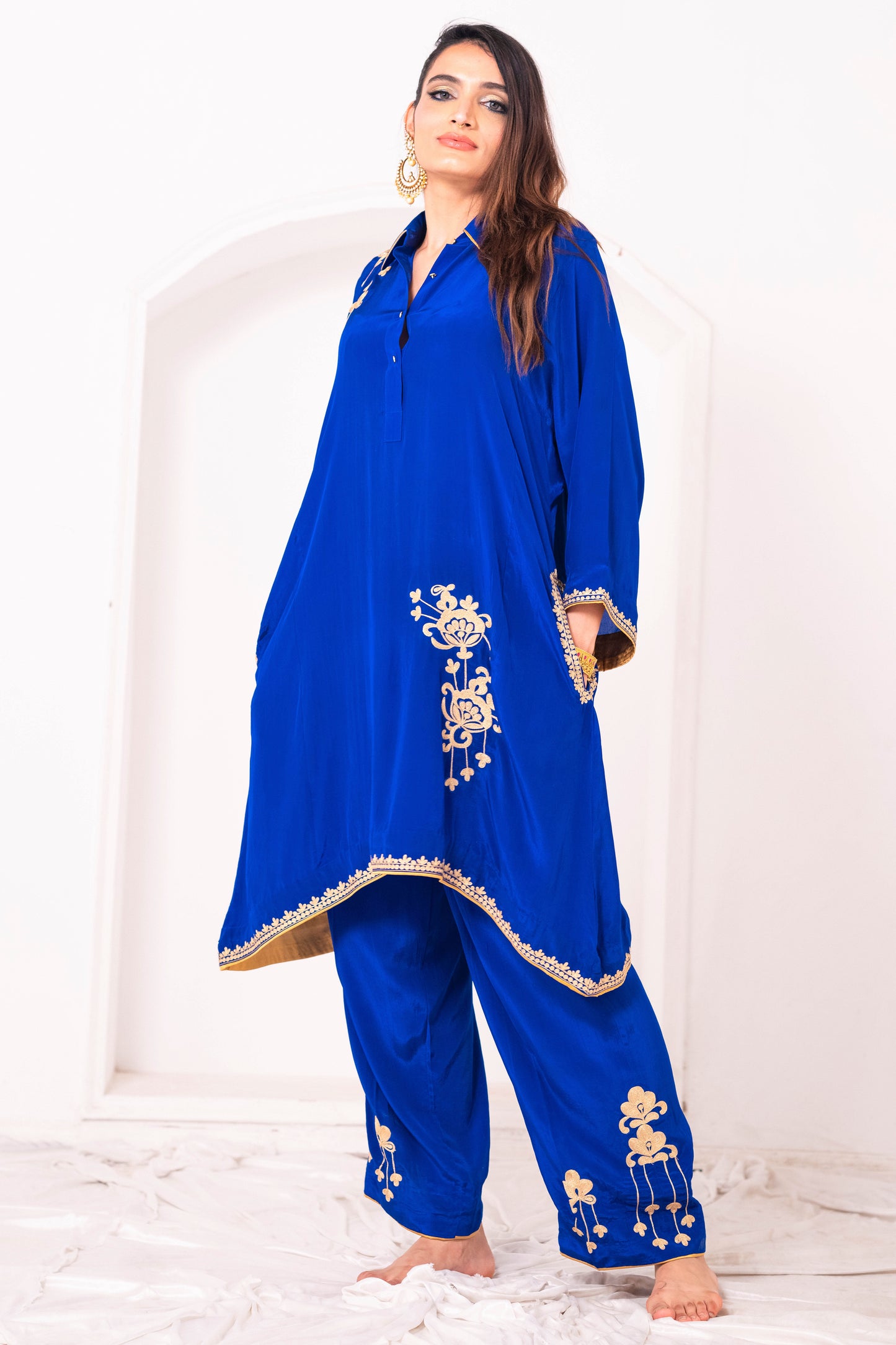 Royal Blue Crepe Aari Phiran Set