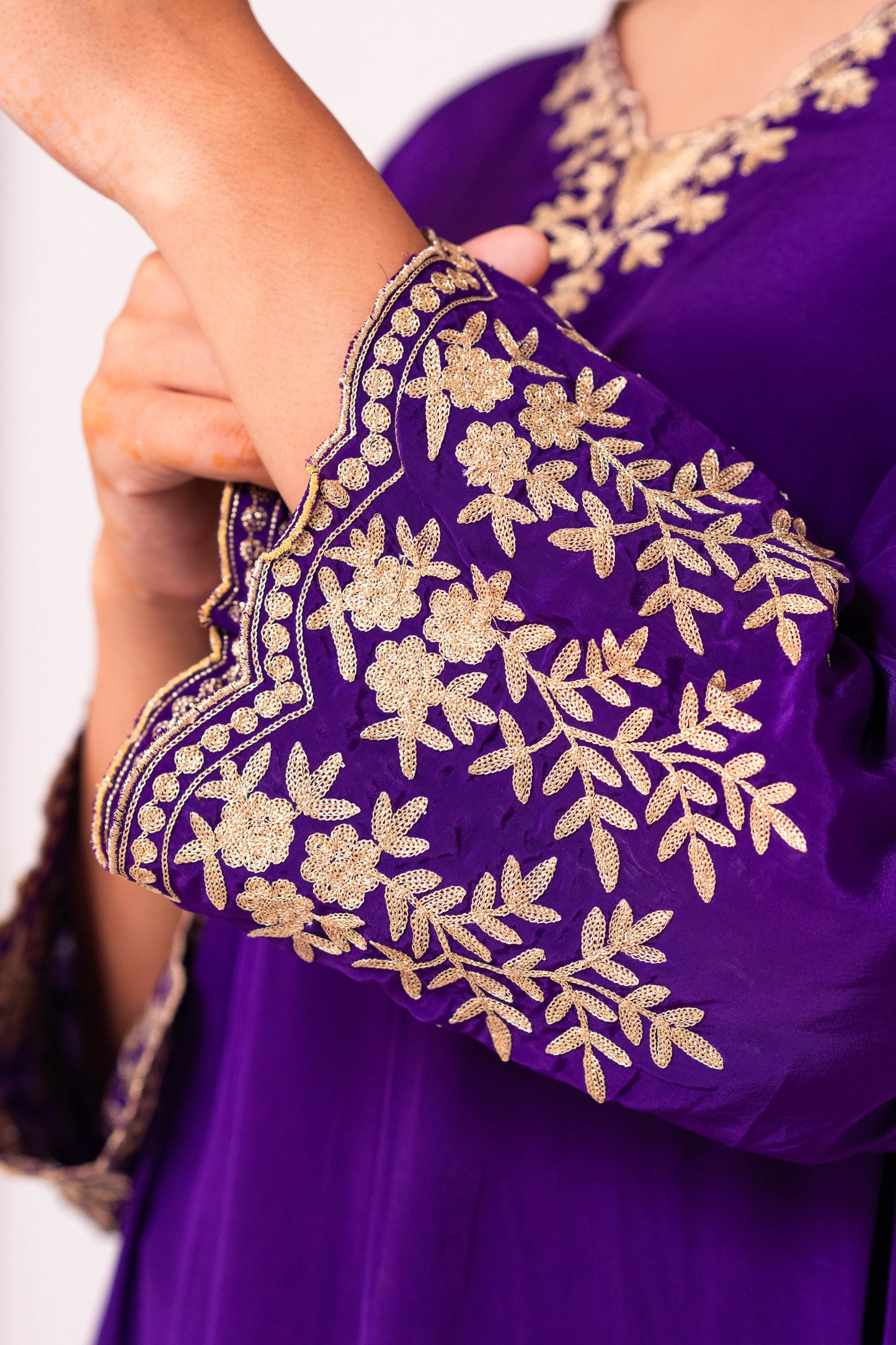 Purple Crepe Aari Phiran Set