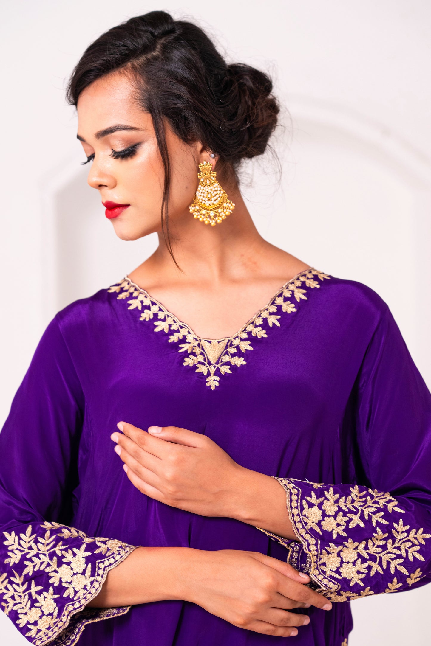 Purple Crepe Aari Phiran Set