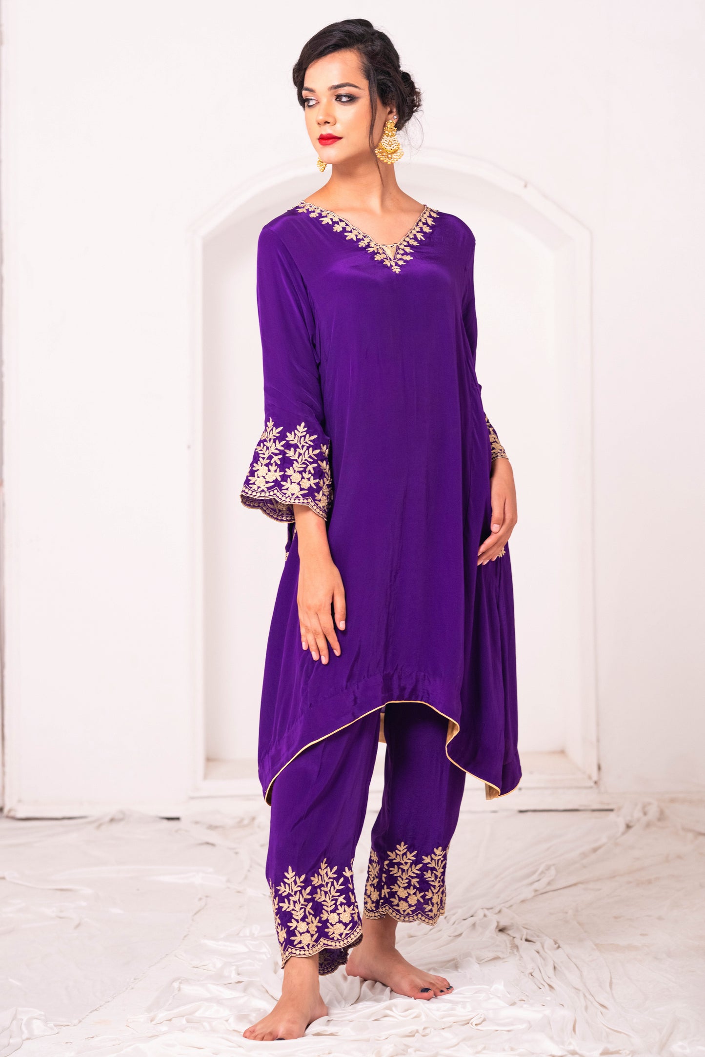 Purple Crepe Aari Phiran Set