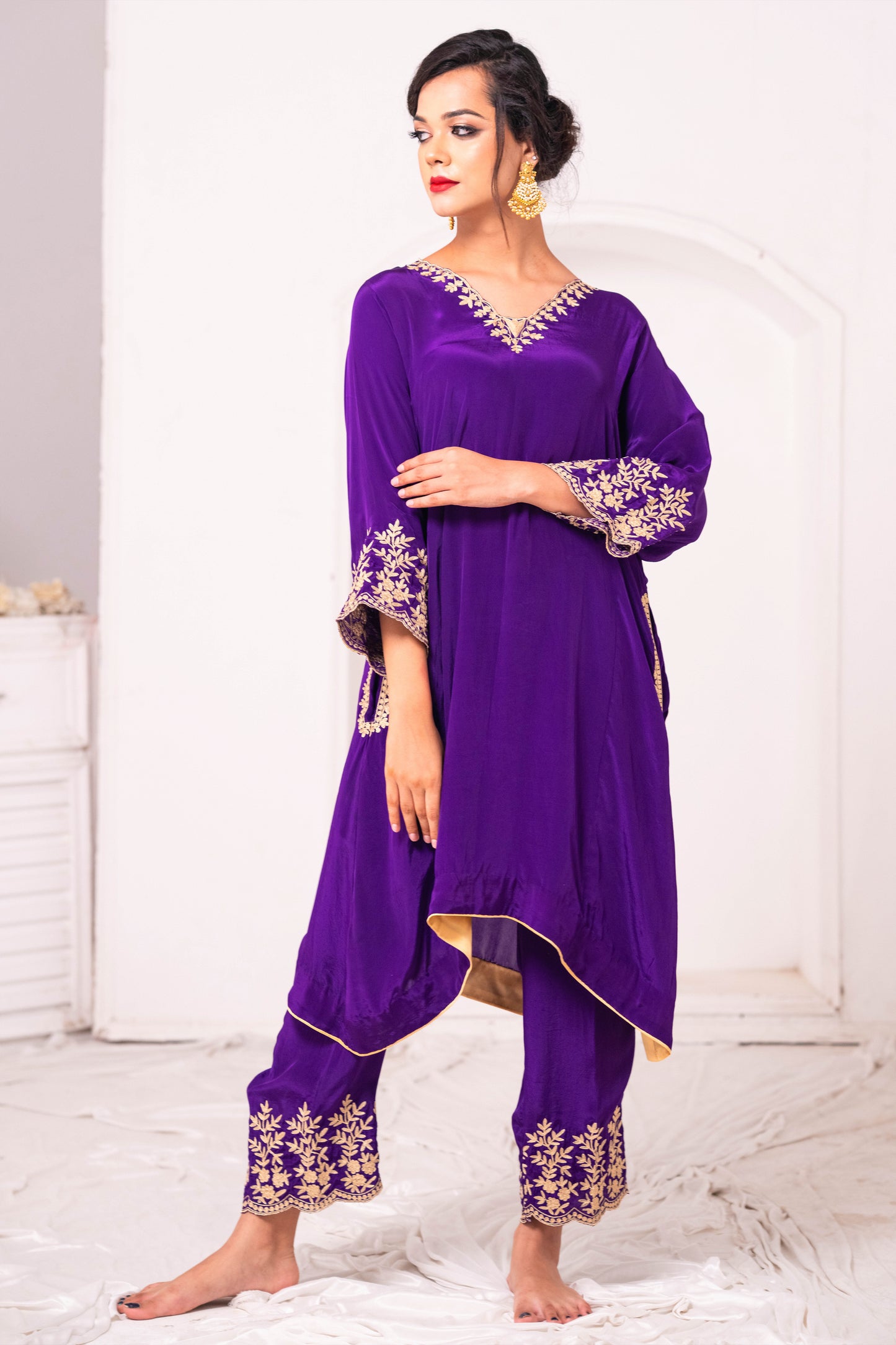 Purple Crepe Aari Phiran Set
