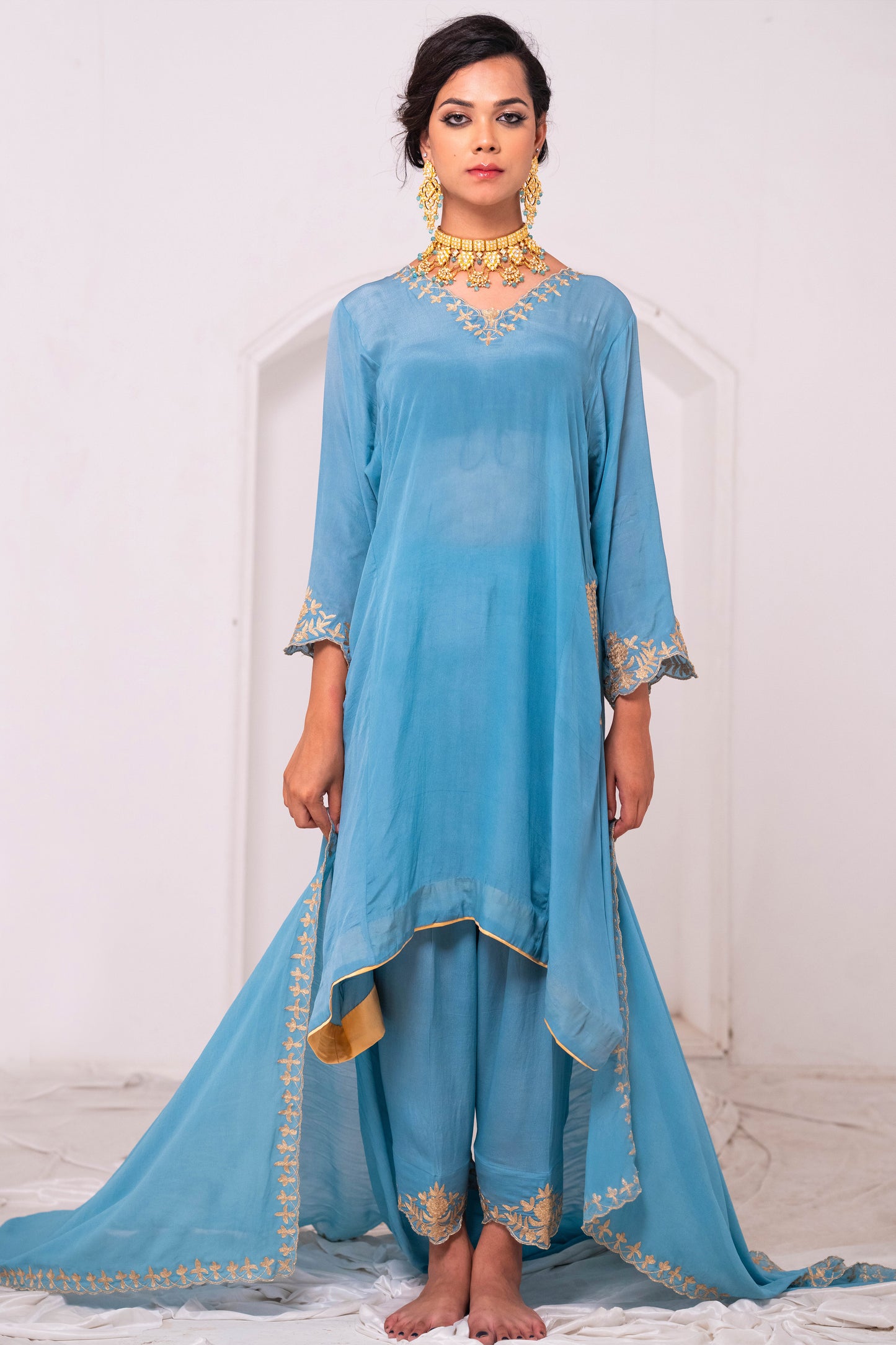 Blue Crepe Phiran Suit