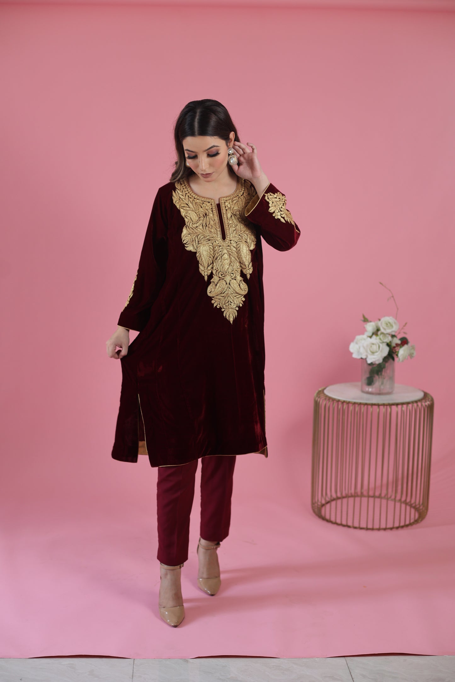 Maroon Velvet Phiran Set