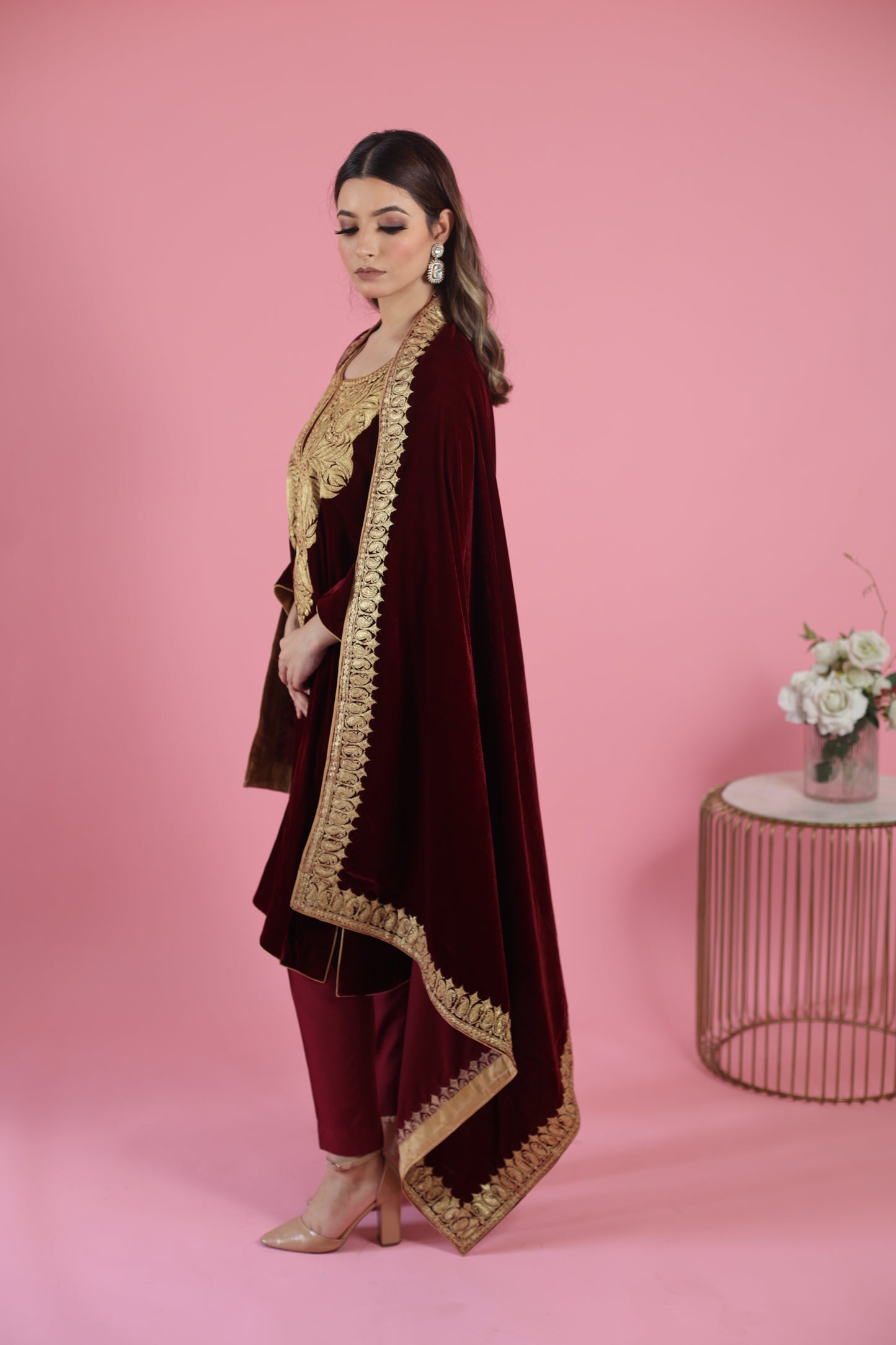 Maroon Velvet Phiran Set