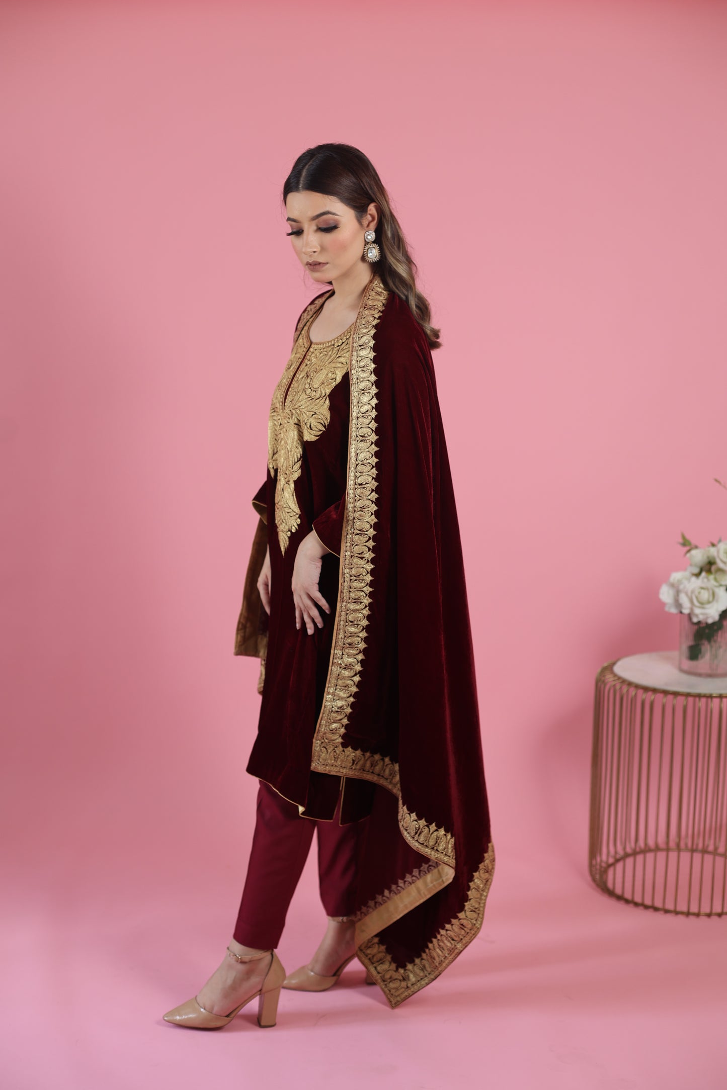 Maroon Velvet Phiran Set