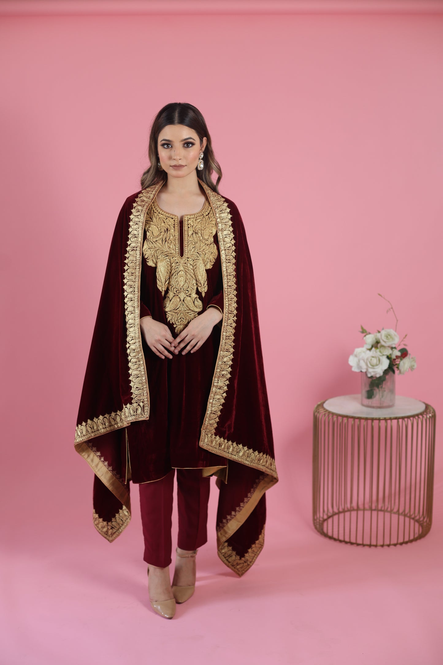 Maroon Velvet Phiran Set