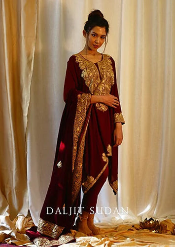 Maroon Crepe Kashmiri Gala Tilla Phiran Suit