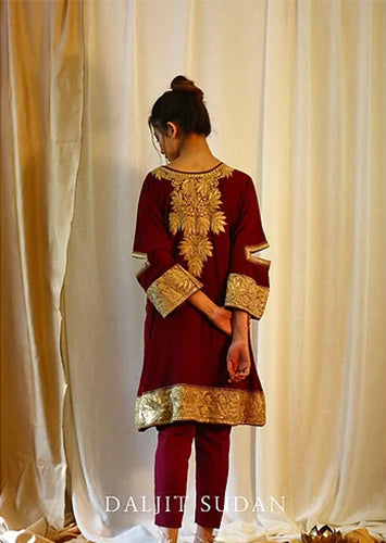 Maroon Crepe Long Neck Tilla Phiran Suit