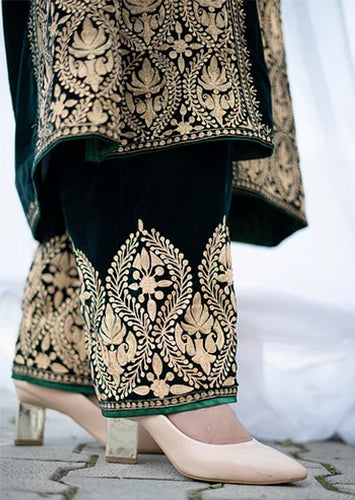 Green Velvet Kali Panel Phiran Set