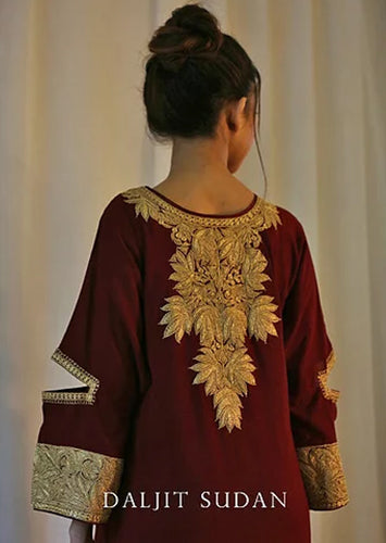 Maroon Crepe Long Neck Tilla Phiran Suit