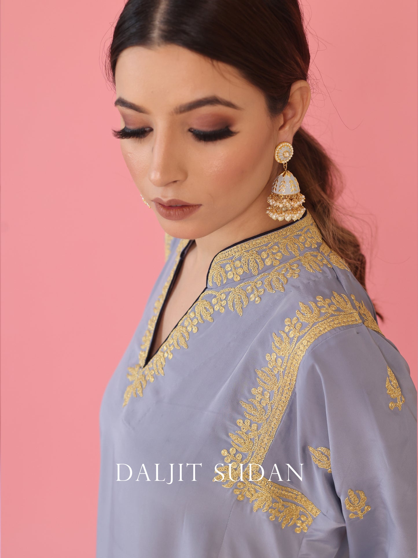 Blue Grey Shoulder Phiran Set